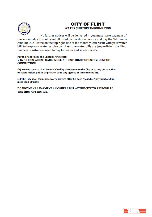 USA City of Flint Michigan water utility bill shutoff notice, Word and PDF template, version 2